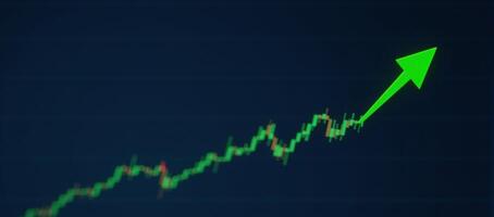 A dynamic stock market graph shows financial growth and investment success depicted as a green upward line against a dark blue background photo