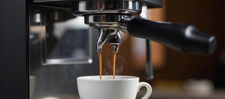 Fresh espresso being poured from an appliance by a coffee maker photo