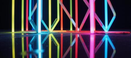 Vibrant futuristic atmosphere with dynamic neon light patterns on a reflective surface in the darkness photo