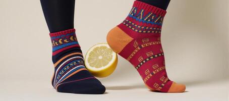 Socks holding a slice of lemon on feet photo