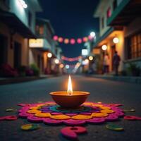 A 3Drendered Diwali celebration scene featuring a lit diya lamp in the middle of a festive street with colorful rangolis and happy Diwali festival background photo
