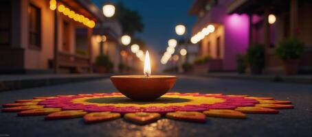 A 3Drendered Diwali celebration scene featuring a lit diya lamp in the middle of a festive street with colorful rangolis and happy Diwali festival background photo