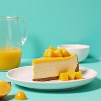 Delicious glazed mango cheesecake with fresh mango pulp toppings against a brightcolored setting Generative photo
