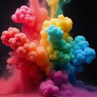 A vibrant rainbowcolored paint explosion featuring swirling fumes and dynamic movement resembling a liquid ink dyed in water photo
