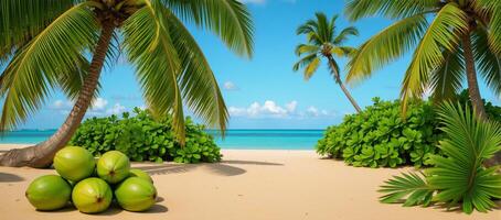 Tropical beach scene with palm trees and coconuts in view photo