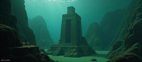 In an underwater Atlantean ruin submerged and crumbling lost city with lit cubes among runecovered columns where humans have hidden amidst the green fog photo