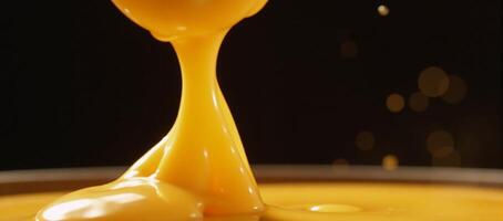 Cheddar cheese sauce splashes midair while drizzling downwards photo