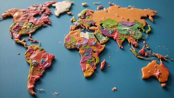 Microplastics polluting the globe portrayed as colored debris shaping world map photo