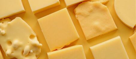 A diverse array of cheese types arranged to create a unified eyecatching design photo