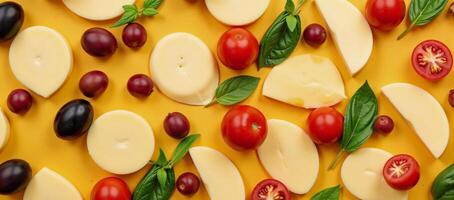 Cheese tomato olive assortment arranged in a harmonious design dairybased with sliced vegetables photo