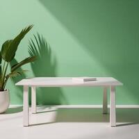 Abstract backdrop featuring shadows of palm leaves on an empty table for product display photo