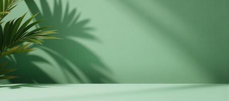 Abstract backdrop featuring shadows of palm leaves on an empty table for product display photo
