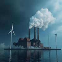 3D render of polluting factory with wind turbines showcasing air pollution renewables in a cool blue palette photo