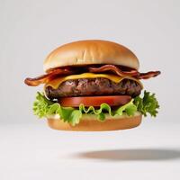 Flying cheeseburger filled with enticing toppings generated image style photo
