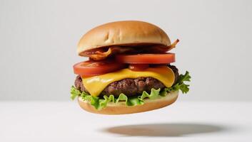 Flying cheeseburger filled with enticing toppings generated image style photo