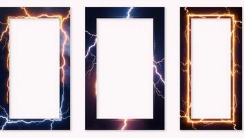 Stylized lightning frames featuring blue electric borders and isolated photo frames accentuated by a thunderbolt impact capturing the magic of a powerful storms electrical discharge through realistic