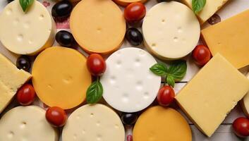 Assorted cheese slices tomato olive basil arranged seamlessly as a fabric print design photo