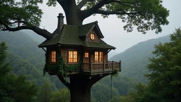 Treehousestyle dwelling with glowing windows amidst a lush foggy forest photo