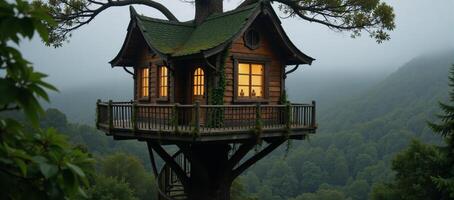Treehousestyle dwelling with glowing windows amidst a lush foggy forest photo