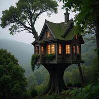 Treehousestyle dwelling with glowing windows amidst a lush foggy forest photo