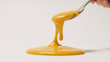 Melted cheese with a focus on its droplets and borders against a plain backdrop Isolated photo