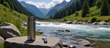 A mountainous landscape features a summertime hike with a knapsack and knife at rest near a river suggesting a hikers camp photo