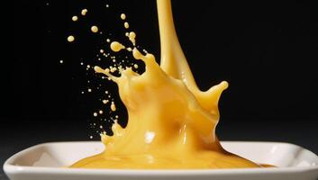 Cheesy scene showcasing midair cheddar sauce splash photo