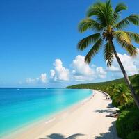 A tropical paradise unfolds on a summer day pristine sandy beaches turquoise waters and towering palm trees photo