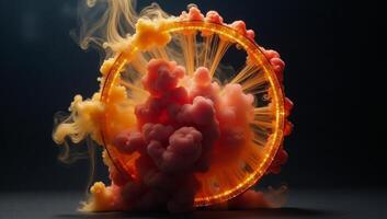 An abstract image featuring an occult wheel explosion smoke cloud with fiery orangered yellows swirling in a circular glow against a dark backdrop within a round ink and water frame photo