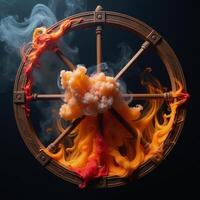 An abstract image featuring an occult wheel explosion smoke cloud with fiery orangered yellows swirling in a circular glow against a dark backdrop within a round ink and water frame photo