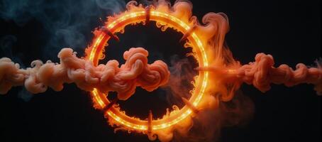 An abstract image featuring an occult wheel explosion smoke cloud with fiery orangered yellows swirling in a circular glow against a dark backdrop within a round ink and water frame photo