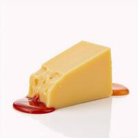 Isolated image featuring a melted cheese slice with a dripping swirl of sauce on background Cheesy goodness photo