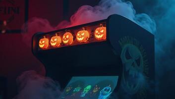 Spooky Halloweenthemed arcade game machine with glowing pumpkins and eerie fog ideal for festive decor photo