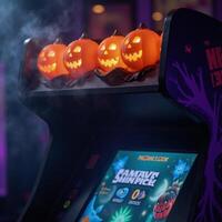 Spooky Halloweenthemed arcade game machine with glowing pumpkins and eerie fog ideal for festive decor photo