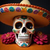 Colored patterned skull with sombrero adorned with marigolds Day of the Dead photo