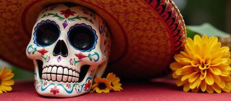 Colored patterned skull with sombrero adorned with marigolds Day of the Dead photo