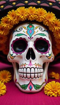 de colores estampado cráneo con sombrero adornado con caléndulas día de el muerto foto