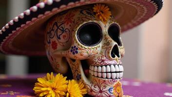 Colored patterned skull with sombrero adorned with marigolds Day of the Dead photo