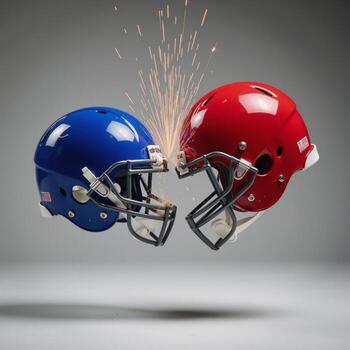 Two contrasting football helmets red blue clash midflight creating sparkling impacts photo