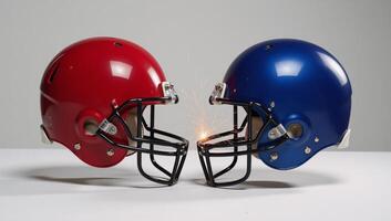 Two contrasting football helmets red blue clash midflight creating sparkling impacts photo