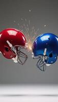 Two contrasting football helmets red blue clash midflight creating sparkling impacts photo