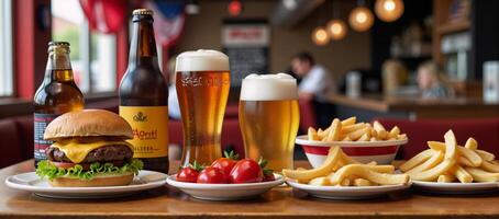 Fourth of July beer and burgers at an American eatery with patriotic decor photo