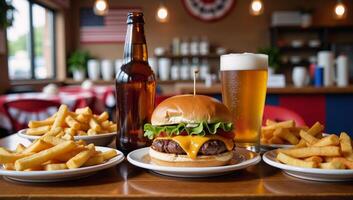 Fourth of July beer and burgers at an American eatery with patriotic decor photo