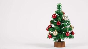 White background adorned with green confetti and red ornaments around a miniature Christmas tree photo