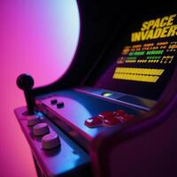 Nostalgic image of retro Arcade Cabinet with pixelated Space Invaders photo