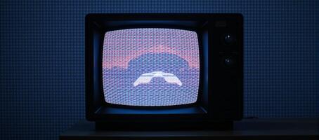 Glitched TV screen showcases pixelated background and distorted error broadcast complete with widespeed rewind effects photo