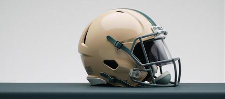Minimalistic stock photo Closeup of a football helmet on a bench featuring simplified forms and contrasting colors leaving ample room for text insertion