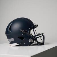 Minimalistic stock photo Closeup of a football helmet on a bench featuring simplified forms and contrasting colors leaving ample room for text insertion
