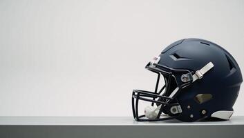 Minimalistic stock photo Closeup of a football helmet on a bench featuring simplified forms and contrasting colors leaving ample room for text insertion