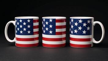 Illustrated mugs featuring American flags on a dark background in a boldly patriotic festive design at ultrahigh resolution photo
